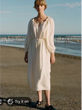 Elegant Cream Midi Dress with Drawstring Waist